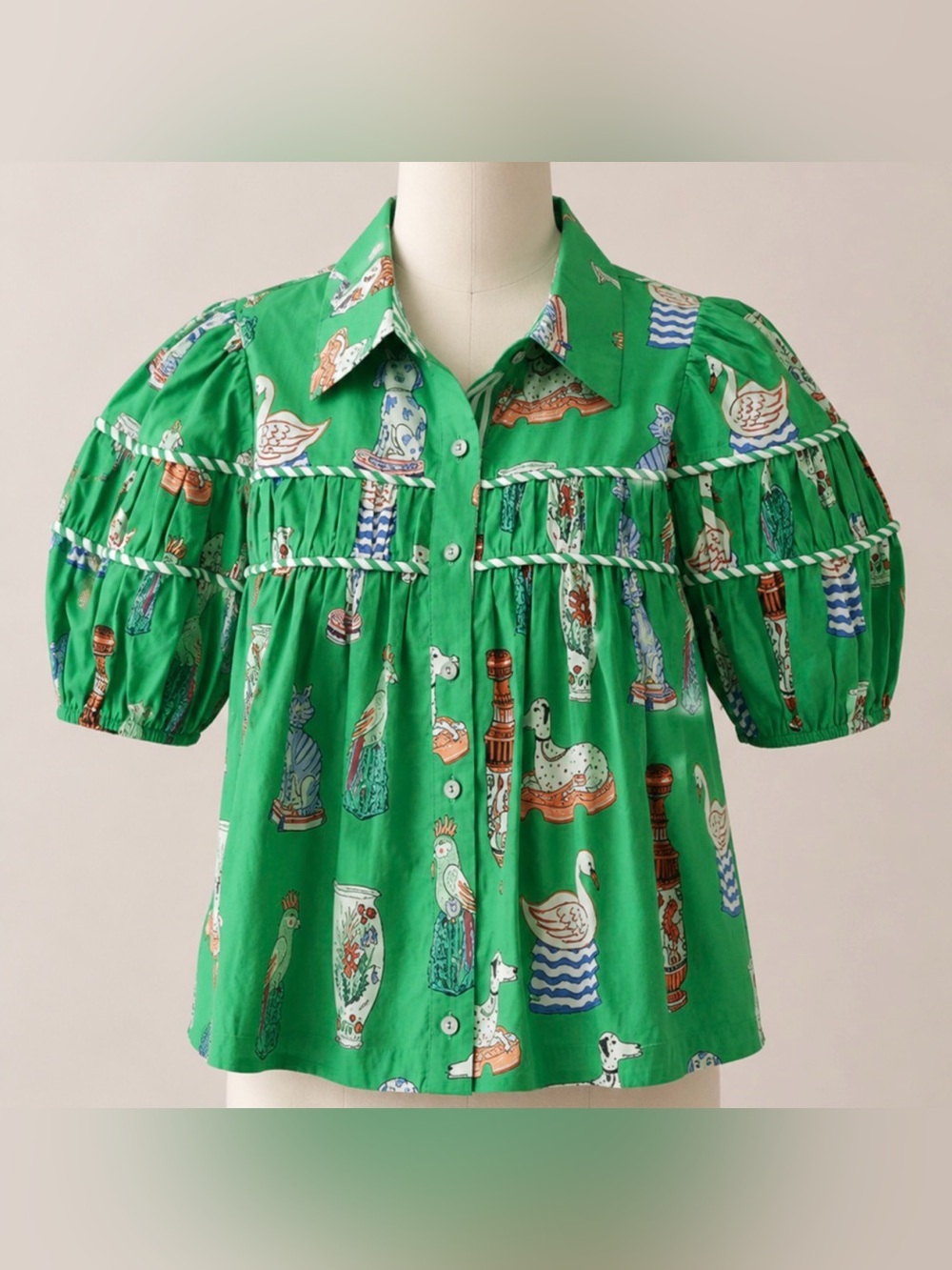 ENTRO Whimsy Green Printed Puff-Sleeve Button-Front Blouse - Picture 3 of 4